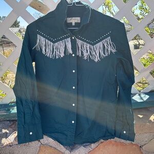 Shyanne Dark Green Western Fringe Button-Up Shirt